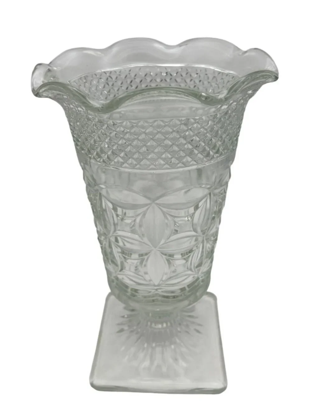 VTG Pressed Glass Pedestal Bristol Smith Glass Vase Scallop Rim Floral Pattern